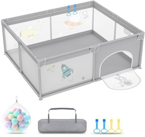 Froadp Laufgitter Baby Laufstall Playpen, Kinderlaufstall mit Tür,Oxford Sicherheitsspielplatz Schutzgitter,mit Tragetasche, Bällen, und 4 Zugringen (150 * 180 * 68cm, Grauer Weltraumfahrer)