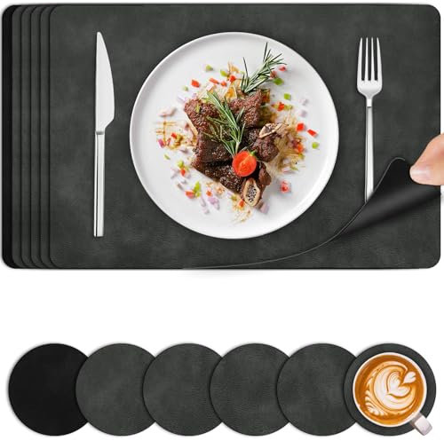 Placemats and Coasters Set of 6 - PU Faux Leather Heat Resistant Washable Table Mats - Non-Slip Waterproof Dual-Sided Place Mats for Kitchen Dining Outdoor Home Decoration - 44.5 x 30 cm (Grey Black)