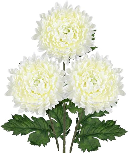 Arborus Künstliche Chrysanthemen Strauß Künstliche Zweige mit Blüten | 3 STK. Kunstblume Weiß Blumenstrauß Künstlich wie Echt Vase Deko auf Tisch Regal Fensterbank im Wohnzimmer Schlafzimmer