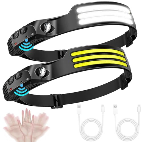 GOMETY 2 Stück Stirnlampe LED Wiederaufladbar, 230° Weitwinkel Weiß Licht Sensor Kopflampe Stirnlampe, Wasserdicht Leichtgewichtig Stirnlampen mit 5 Lichtmodi für Camping Joggen Wandern Angeln