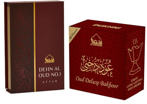 Dehn Al Oud Attar & Oud Bakhoor Deluxe by Dukhni | 6ml Arabic Perfume Oil for men & women | 40 pc Bukhoor Arabian Incense from Oudh Wood for charcoal, electric & candle burner | Islamic, Eid gifts