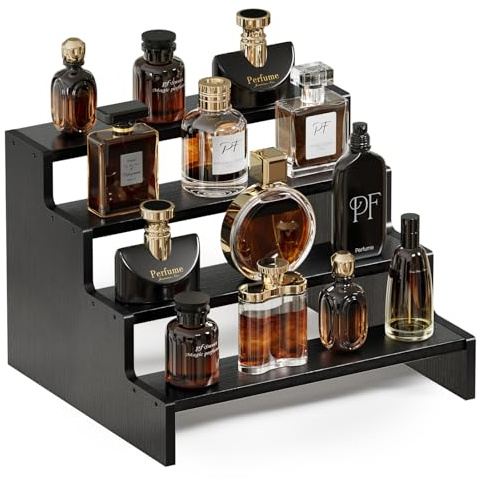 ProCase 4 nivåer Cologne Organizer trä Köln stativ, parfym display makeup ställ kosmetisk arrangör, mångsidig organisatör hylla för dofter ljus kosmetika cupcake vanity förvaring – svart