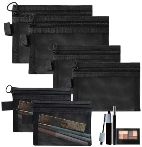 Small Make Up Bag, 6 PCS Mini Zipper Toiletry Bag, Cosmetic Bag with Zipper Black Mesh Makeup Bags Nylon Mesh Cosmetic Pouch for Cosmetics Toiletries(Black)