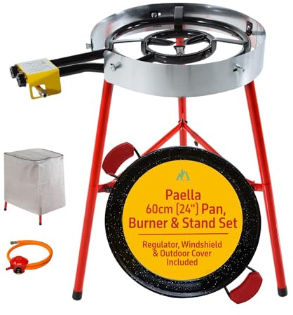 Camp&Fire Juego completo de cocina para paellera, 20 porciones (60 cm), quemador de gas y soporte de trípode, paellera de acero esmaltado con parabrisas, regulador, manguera de gas y cubierta para