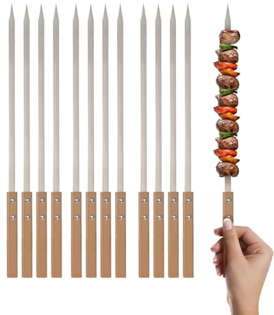 Lineslife 12PCS Kabob Skewers for Grilling, 17 Long Flat Metal Skewers for Kabobs, Reusable BBQ Stainless Steel Sticks with Wooden Handle for Outdoor Camping Picnic Cooking, Silver 3/8 Wide