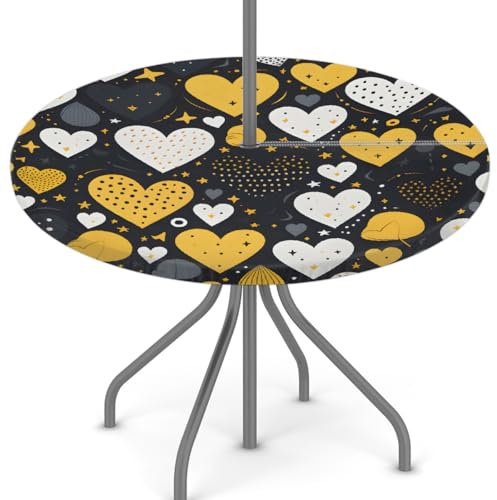 Woltant Nappe ronde avec trou de parasol et fermeture éclair facile à nettoyer avec bords élastiques - Protection de table d'extérieur pour jardin, terrasse, barbecue (cœur jaune, Saint-Valentin)