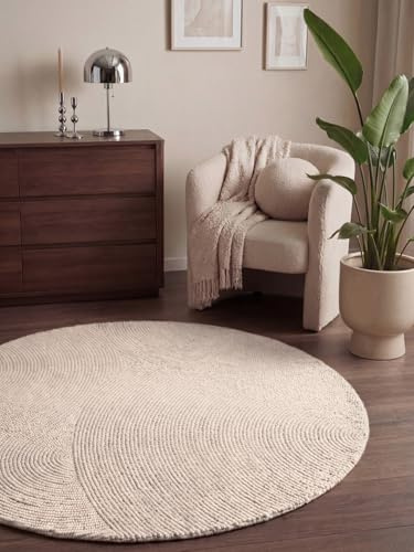 Hanse Home Wollteppich Calmio - Natur Wohnzimmerteppich Rund - Handgetuftet - Hygge Skandi, Boho Teppich Wolle für Wohnzimmer, Schlafzimmer, Esszimmer, Flur - Natur Weiß, Ø150cm