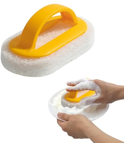Paquete de 4 estropajos con mango, cepillo de fregar fuerte, esponja de limpieza reutilizable con mango para azulejos de ducha, bañera, fregadero (amarillo)