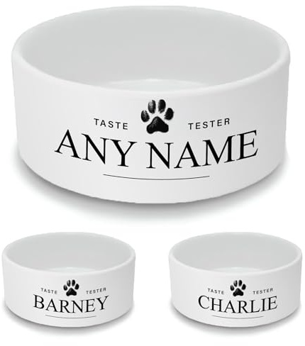 Personalised Ceramic Dog Bowl - Large White Pet Food Dish with Taste Tester Design - Custom Name Dog Bowl 18cm Wide x 7cm Deep - Ideal for Medium to Large Dogs