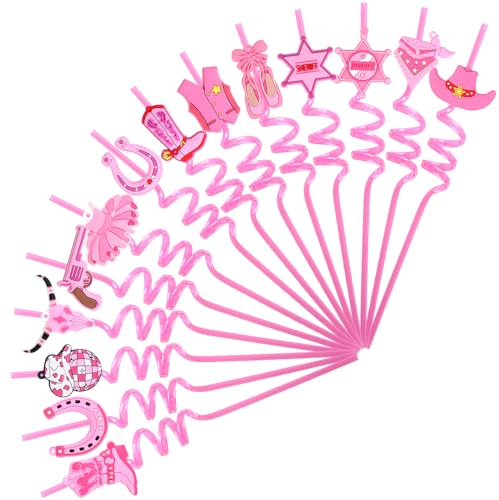 Lot de 14 Pailles de Cow-girl Roses Pliables et Réutilisables,avec Motif Ajustable,pour Décorations de Fête D'anniversaire de Cow-boy Occidental