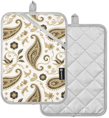 Presine da cucina con motivo cachemire nero e oro, stile bohémien, con tasche, confezione da 2