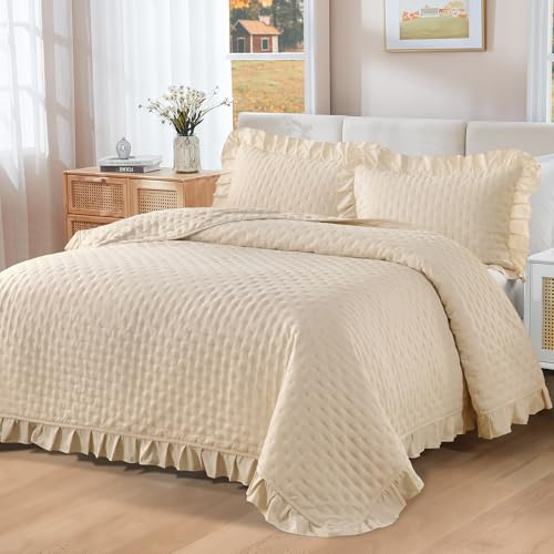 WONGS BEDDING Tagesdecke 220x240 Creme 3 Teilig mit 2 Kissenbezug 50x75 | Gesteppt Bettüberwurf Rüschen Steppdecke Doppelbett Decke Vielseitige Wohndecke für Schlafzimmer als Sofaüberwurf