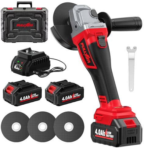FULLYEA Cordless Angle Grinder 4-1/2, Brushless Metal Grinder 12000 RPM, Power Angle Grinders with 2 * 4.0Ah Batteries & Charger, 3*Cutting Wheels, Electric Angle Grinder Tool Kit for Cutting (Red)