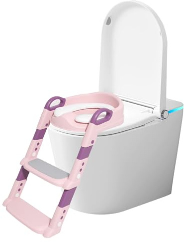 Siège de toilette 2 en 1 pour enfant avec escalier - Hauteur réglable - Avec escalier avec marchepied - Pédale antidérapante - Facile à transporter - Amovible - Pour bébé (rose)