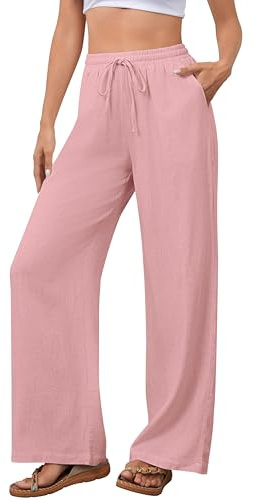 NONSAR Pantalon pour Femme en Coton avec Cordon de Serrage Pantalon en Lin Taille élastique Décontracté Coupe Ample Jambes Larges avec Poches Léger Couleur Unie Pantalon de Plage(Rose,L)