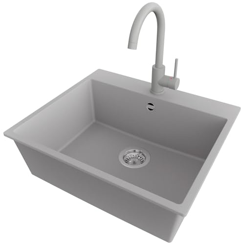 PRIMAGRAN Lavandino da Cucina al Mobile 60cm + Rubinetto, 58x50cm | Set: Rubinetto BW5010 + Kit di scarico + Lavello in Granito a 1 Vasca - Riga, Grigio