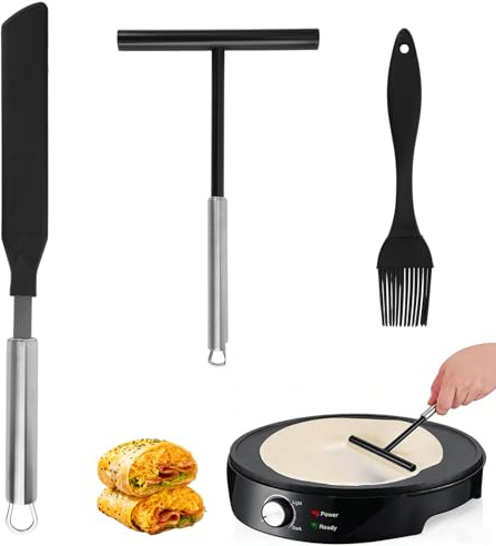 Set of 3 Crepes Distributors and Spatulas, T-Shape Crepes Spatula, Silicone Crepe Spatula, Spatula, Cooking Brush, Stainless Steel Dough Distributor for Crepes, Crepe Distributor Pancakes, Egg Cakes
