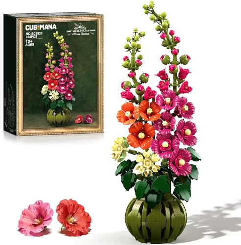 CUBIMANA Botanicals Les Fleurs de Alcea Rosea- Set de Construction pour Adulte - Décoration DIY de Salon - 974PCS Set de Plante Artificielle en Pot - Idée Cadeau pour la St Valenti pour Femme Homme