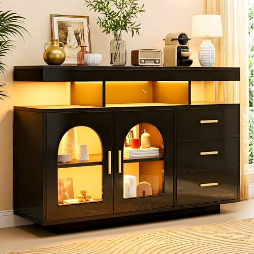 Yihomfy 120 cm Buffetschrank Buffetschrank esszimmer mit Led, Intelligenter Sideboard Küchenschrank Mit RGB-Beleuchtung, Kaffeebar Mit 3 Schubladen 2 Türen für Esszimmer Wohnzimmer, Schwarz