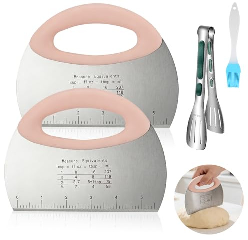 SITAKEGS Dough Cutter, 4pack Dough Scraper with Hollowed-Out Stainless Steel Measuring Scale Pastry Scraper Food Tong Oil Brush Set, Bench Scraper Kitchen Gadgets for Pizza, Pie, Bread, Pastry, Cake