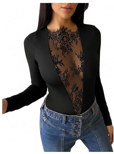 MakeMeChic Women's Floral Lace Tops Long Sleeve Sheer Mesh Date Night T Shirt Black Small