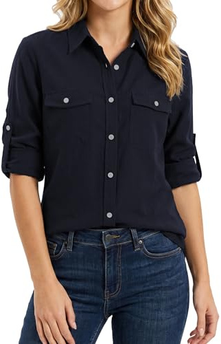 Enmain Women's Linen Shirts Long Sleeve Button Down Shirts Casual Roll-Up Regular Fit Blouses with Two Pockets for Summer Beach S-3XL
