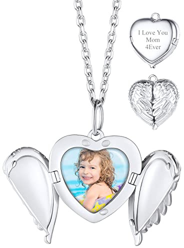 Custom4U Anpassbare Bilder Medaillon Amulett Halskette mit Herz-Flügel-Fotobox S925 Silber Foto Medaillon Herzanhänger zum Öffnen mit Motiven-Gravur in Weißgold mit 41cm Kette für Paar Pärchen