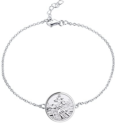 FJ St. Christopher smycken 925 sterling silver, antikt religiöst skydd talisman hänge för män kvinnor, mynt/rund/oval/medalj/fyrkant/medaljong, 18 + 2 cm, Sterlingsilver Vitt guld, Enkel