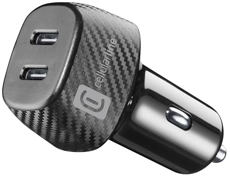 cellularline - Cargador de mechero de Coche de 12/24 V con 2 Tomas USB-C y 40 vatios de Potencia de Carga rápida - iPhone, Samsung, Huawei y Otros Smartphones y tabletas - Negro