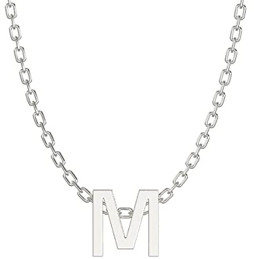 Aeon Jewellery Alphabet Initial Necklace - M | 925 Sterling Silver 3D Necklace | Adjustable 16-18 Inch Silver Belcher Chain | Polishing Cloth