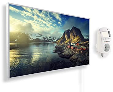 Könighaus Infrarotheizung mit Bild - 600 Watt + Smart Thermostat & Könighaus APP - Energiesparende Infrarot Wandheizung mit Bildmotiv – TÜV SÜD - Weißer Rahmen (06. Aussicht Norwegen)