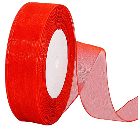 Cinta de Chiffon Organza Tul de Rojo Transparente para Embalaje Regalos Globos,25mm x 45m Cintas para Invitaciones y Decoración Regalos de Bodas Ramos Cumpleaños Navidad Envoltorios