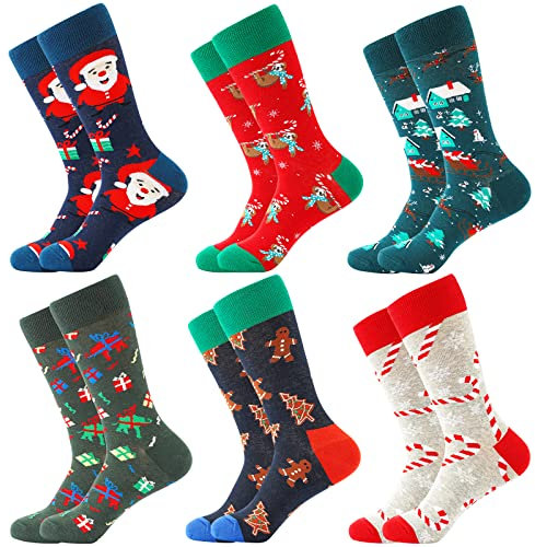 Chaussettes de Noël Homme Femme 6 pairs Christmas Socks Coton Cadeau Bonhomme en Pain D'épice Renne du Père Noël Chaussettes Multicolores 39-46 (6 paare-xmas2)