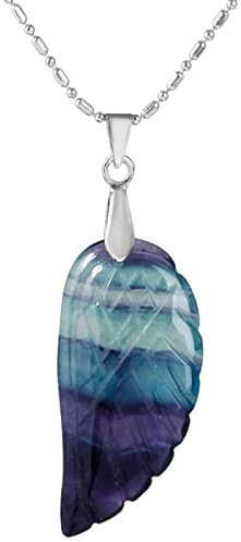 Nupuyai Love Angel Wing Crystal Stone Necklace for Women, Fluorite Carved Stone Pendant with Chain