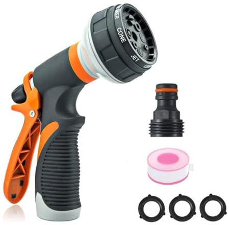 LINZI Garden Hose Spray Gun Set 8 Adjustable Patterns High Pressure Spray Nozzle for Watering Plants Lawns, Shower Pets, Car Washing, Cleaning Windows, Hose Attachment Connectors
