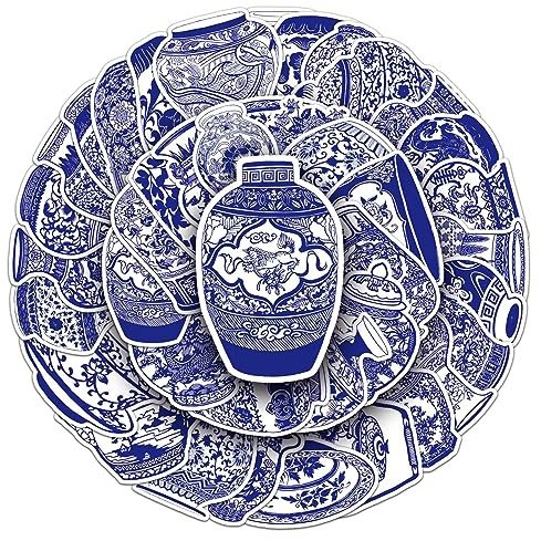 50Pcs Blue and White Porcelain Stickers Laptop Car Scrapbook Phone Skateboard Suitcase Luggage Bike Bottle Stickers Vinyl Waterproof Aesthetic Personalised Stickers for Teens Boys Girls Adults