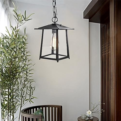 Mengjay Lampe suspendue extérieure Lampe Suspension Noir Rétro Imperméable IP23 E27 Suspension extérieure en fonte d'aluminium et verre,Vintage Lustre Plafond pour Jardin Patio Pavillon Villa (A)