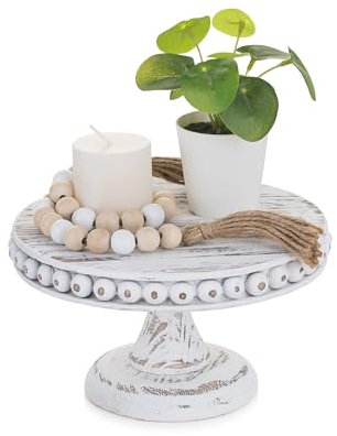 Hanobe Soporte de madera pequeño para tartas: soporte de pedestal blanco para cupcakes, de 8 pulgadas, elevador de exhibición de postres rústico, bandeja redonda para pasteles, bandeja de cuentas