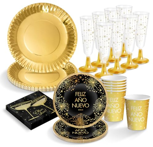 PARTYLOSOPHY Kit Vajilla de cartón Desechable con decoración y temática navideña con diseño de Nochevieja para 6 Personas – Pack para 6 Personas. Decoración Mesa Navidad Nochevieja.