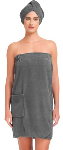 Knuffnee Women Wrap Towel Shower Spa Wraps Terry Cloth Bathrobe Adjustable Bath Wrap Grey L