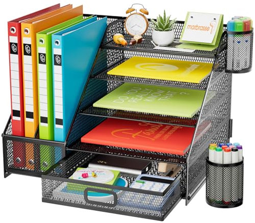 Marbrasse Schreibtisch Organizer,5 Ebenen Papier-Briefablage mit Schublade und 2 Stifthalter,Netz-Schreibtisch-Organizer, Aufbewahrung für Heimbürobedarf(Einseitiger Buchständer)