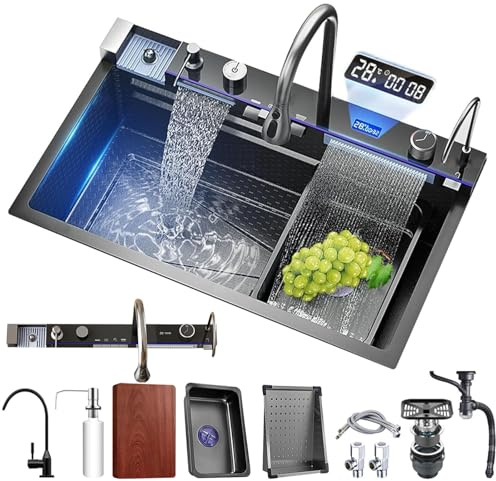 Kitchen Sink with Integrated Pull-Out Faucet 304 Stainless Steel Waterfall Kitchen Sink with Multiple Accessories
