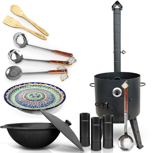 Feuerofen Ø 44 cm 2 mm Stahl Utschak Uchag mit Thermometer Usbekische Kazan 16 L Verlängerungsrohr Holzlöffel Schaumlöffel für Plov Schöpfkelle Казан Lagan Ø 37 cm (Set 6)