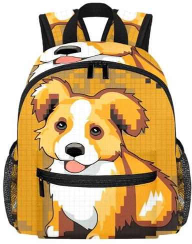 Rucksack für Kleinkinder, Cartoon-Pixel-Hund, schlicht, modern, langlebig, bequem und stilvoll, Kindertasche für Vorschule und Grundschule, Geschenk für 3–8 Jahre, Gelb, multi, 25.4x10x30 CM/10x4x12