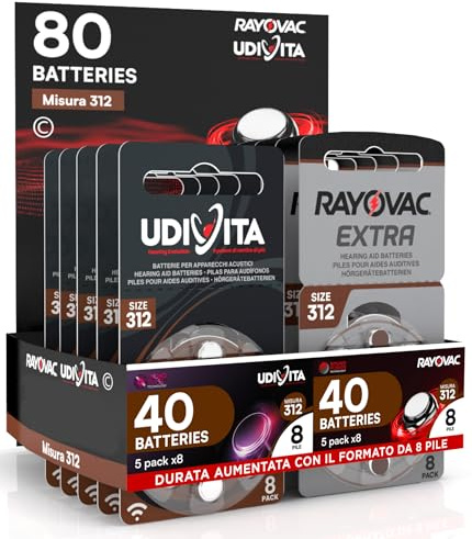 80 Pilas para Audífonos Medida 312 PR41 Marrones Zinc Aire con Phono Pulse Technology 80 Baterías 40 Udivita + 40 Rayovac