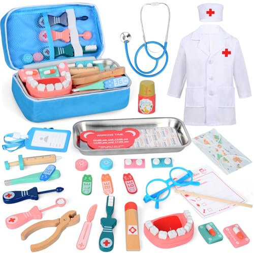 Arztkoffer Kinder Holz, Doktorkoffer Kinder ab 3 Jahre, Spielset Mit Echtem Stethoskop Thermometer Zahnmodell Arztkittel, Doktorspiele Kinder, Zahnarzt Spielzeug Kinder, Geschenk für Kinder