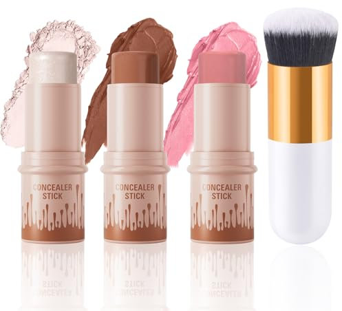 3PCS Colorete en Crema Contour Stick, Iluminadores de Maquillaje, Bronzer Highlighter Blush Contorno Stick, Resistente al Agua Juego de Rubor Resaltador en Barra Apto para Cualquier Tipo Piel