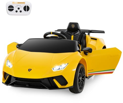COSTWAY 12V Kids Electric Ride on Car with Remote Control, LED Lights, MP3, Music, Horn, Soft Start & Spring Shock Absorbers, Licensed Lamborghini Battery Powered Toy Vehicle for Boys Girls (Yellow)