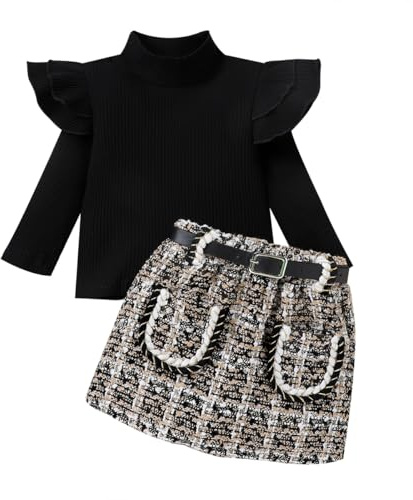 LUVCES Abbigliamento Bambina Vestito Set Manica Lunga Volant Top + Minigonna Elegante a Quadri 2 Pezzi Ragazze di Vestiti Outfit Nero 2-3 Anni