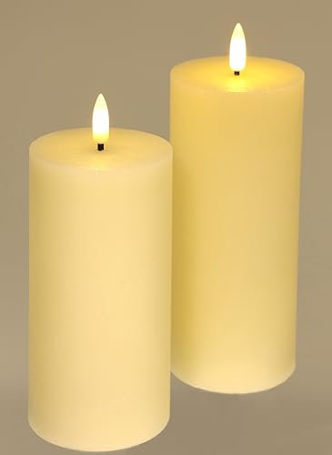 LED Kerzen-Set aus Echtwachs 2er Set mit Timer elektrische flackernd Warmweiß Lichter Dekoration Stumpenkerze große Adventskerzen Adventskranz Kranz Valentinstag geruchslos tropflos flammenlos, creme